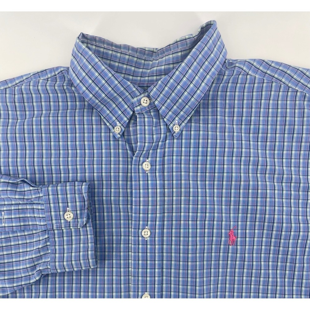 Ralph Lauren Button Down Shirt Mens XL Blue Plaid Classic Fit Long Sleeve Preppy